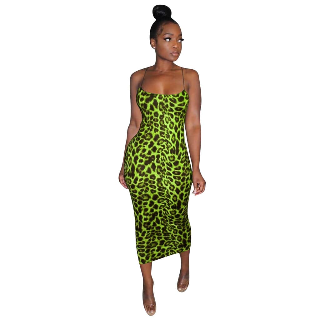 S / L51814-2 Women's Spaghetti Strap Dress Bodycon Sexy Sleeveless Leopard Print Maxi Long Club Dresses