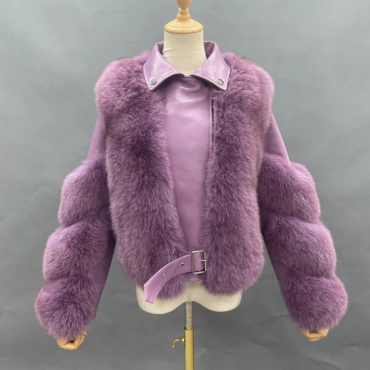 S / Lavender Hot Sell Warm Winter Genuine Leather Fluffy Real Fox Fur Jacket