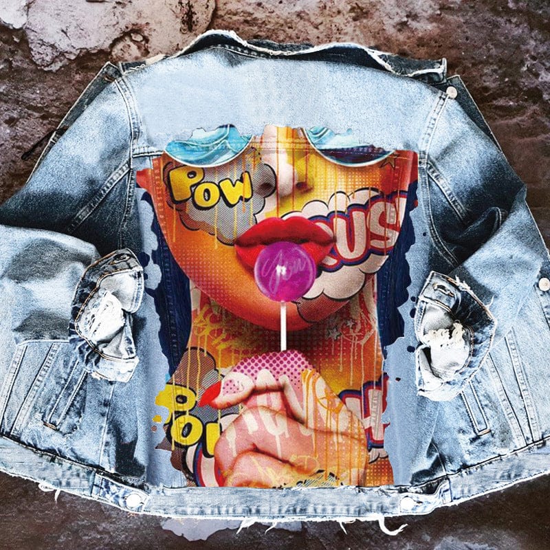 S / Light Blue 2022 Fall Women Clothes Fashion Long Sleeve Denim Jacket Women Cartoon Print Jeans Jacket Coats Streetwear