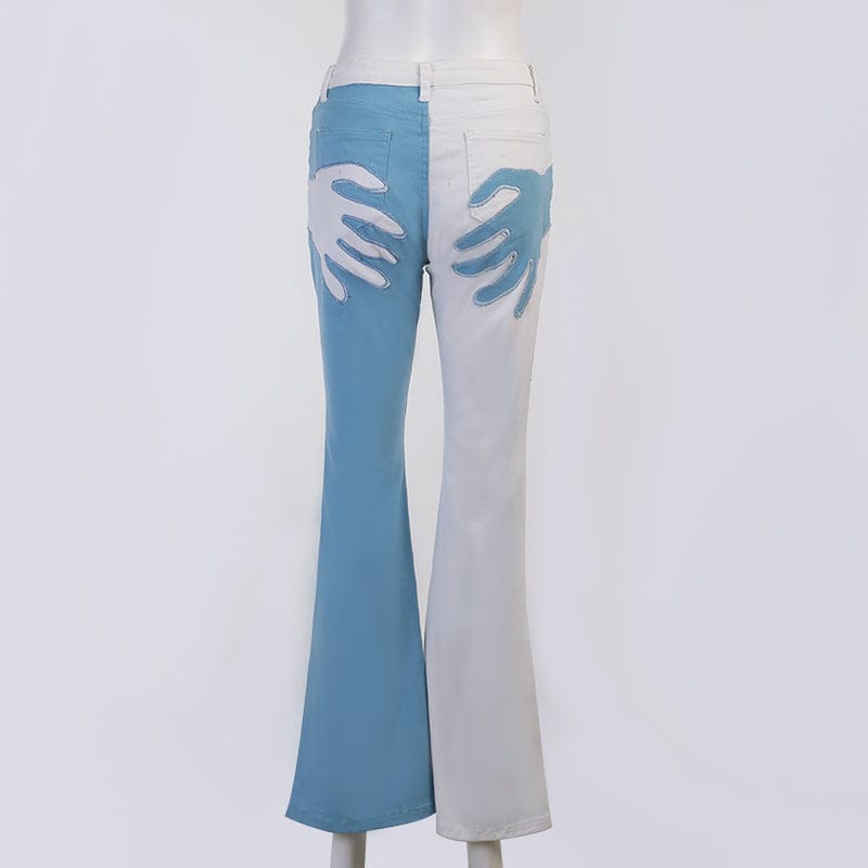 S / Light Blue 2022 Fashion Handprint Girls Jeans Women'S Fall Jeans Button Stretch Trouser Flare Bottom Contrast Patchwork Women's Jeans