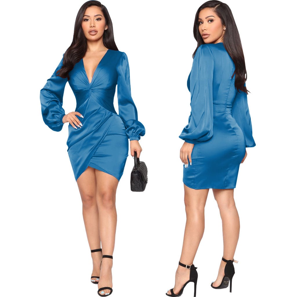 S / Light Blue C1103TA23 New Arrival Casual Solid Color V Neck Irregular Bodycon Office Dress Women Sehe Fashion