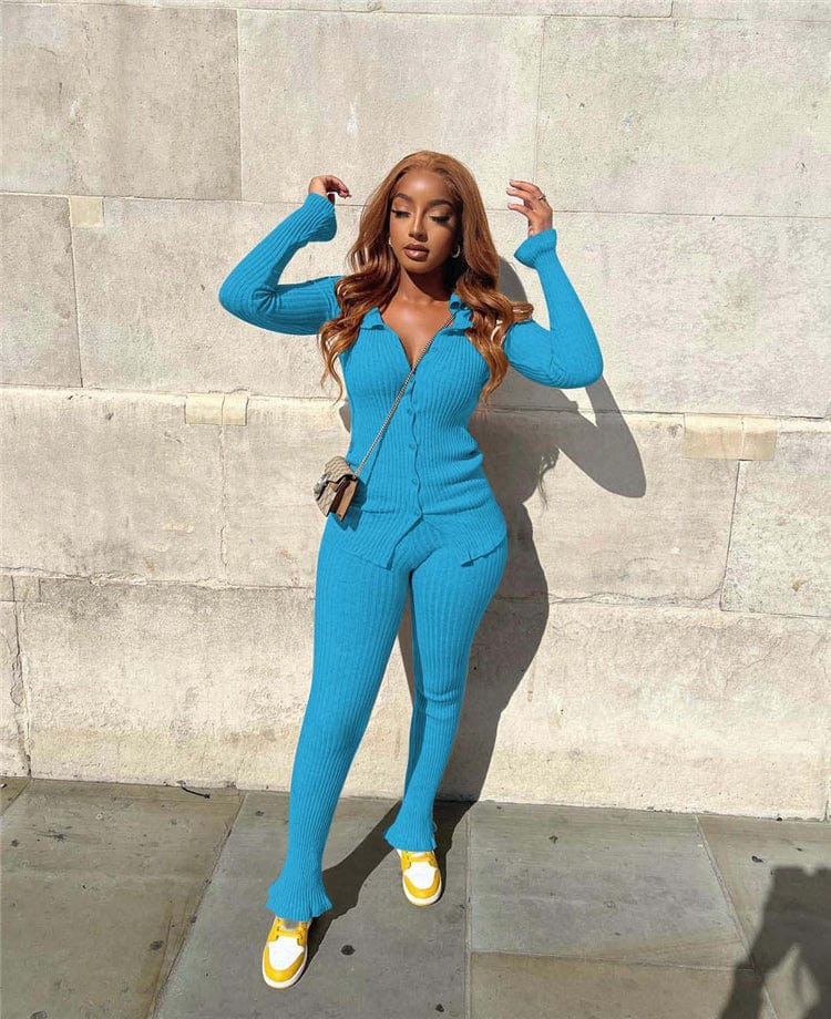 S / Light Blue Fashion New Solid Color Long Sleeve Rib Winter 2 Piece Sets For Women Two Piece Pants Set Women