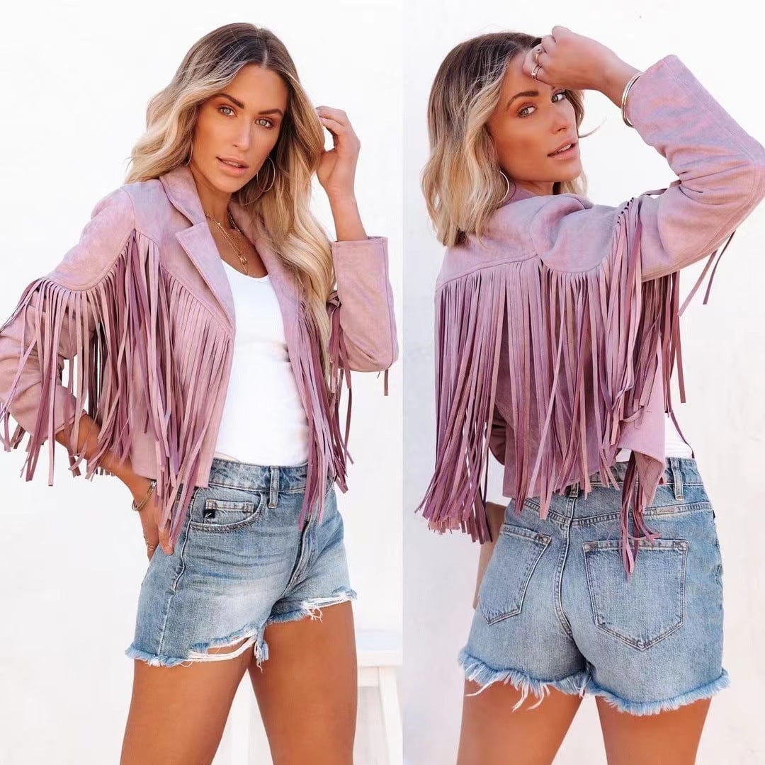 S / light purple Womens Vintage Lapel Long Sleeve Fringe Cropped Hippie Motor Biker Cardigan Outwears Faux Suede Tassel Jacket