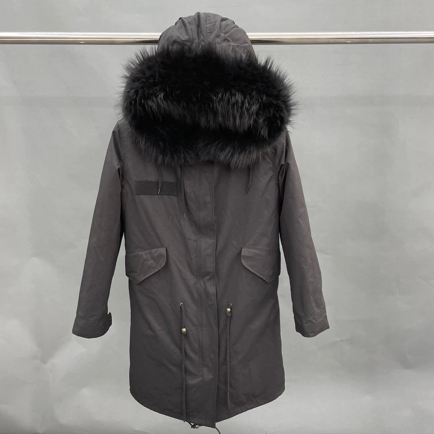S / Long black +black fur Wholesale Lady Hoodies Warm Plus Size Winter Fur Parka