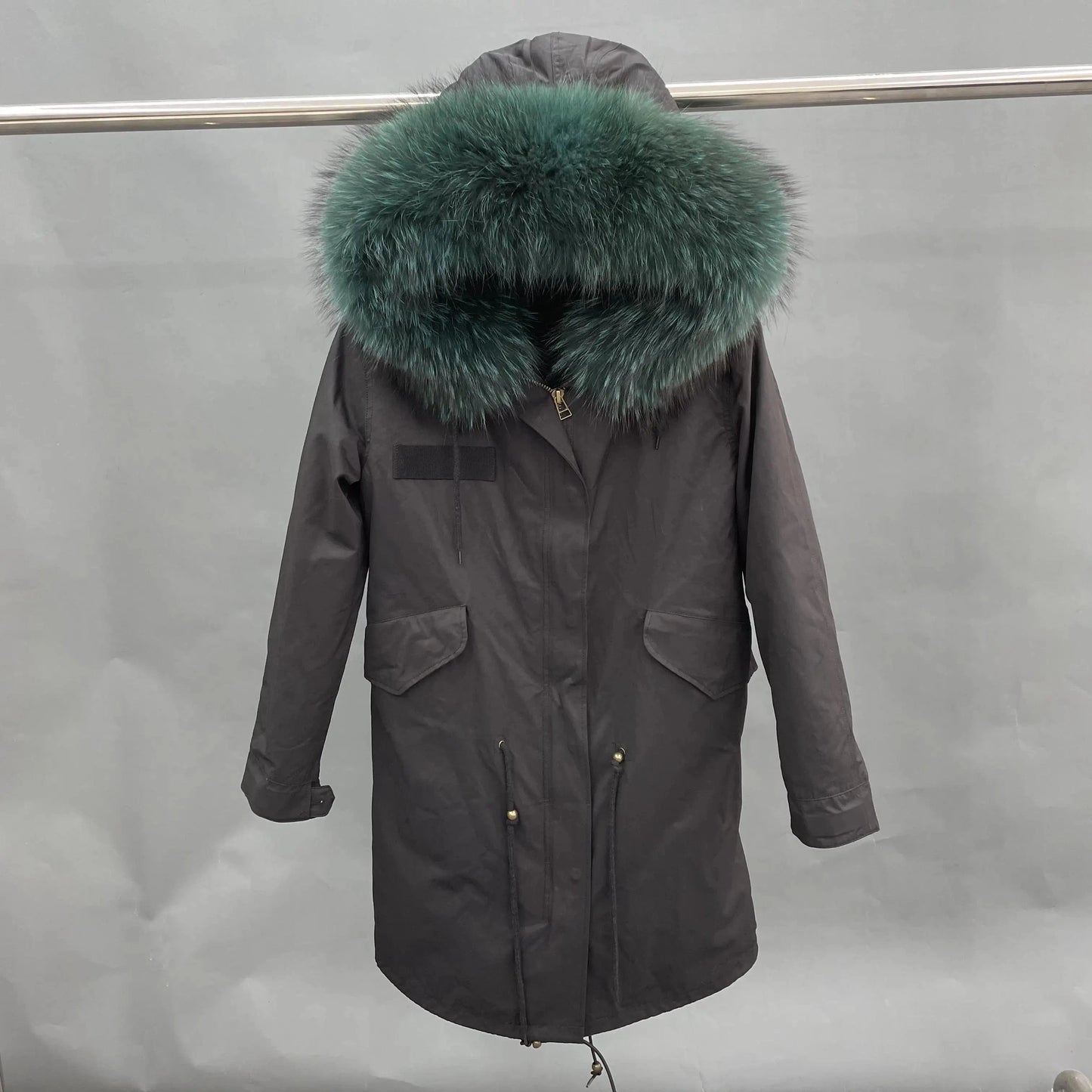 S / Long black +dark green fur Wholesale Lady Hoodies Warm Plus Size Winter Fur Parka