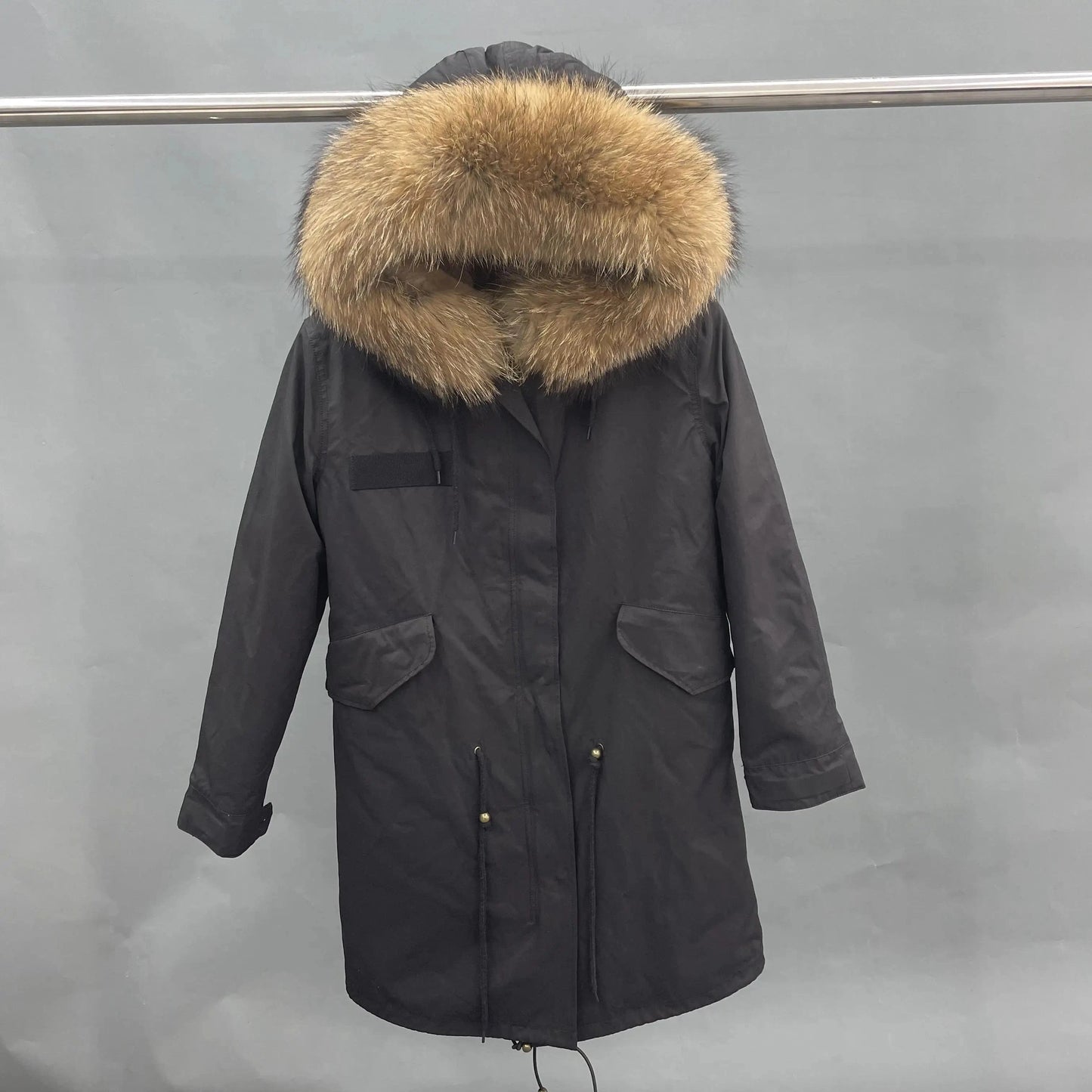 S / Long black +natural color fur Wholesale Lady Hoodies Warm Plus Size Winter Fur Parka