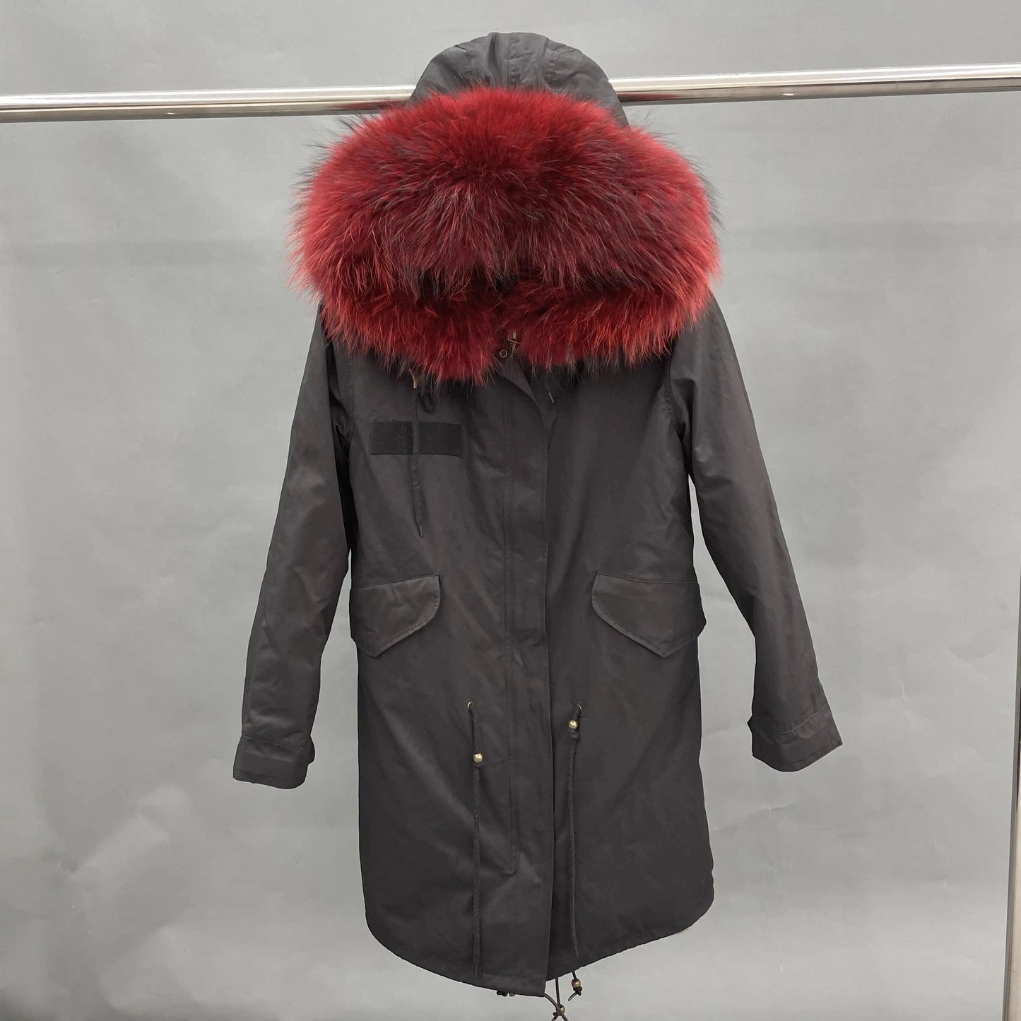 S / Long black +wine red fur Wholesale Lady Hoodies Warm Plus Size Winter Fur Parka