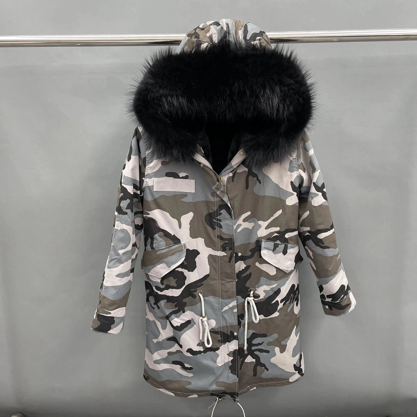 S / Long gray camouflage +black fur Wholesale Lady Hoodies Warm Plus Size Winter Fur Parka