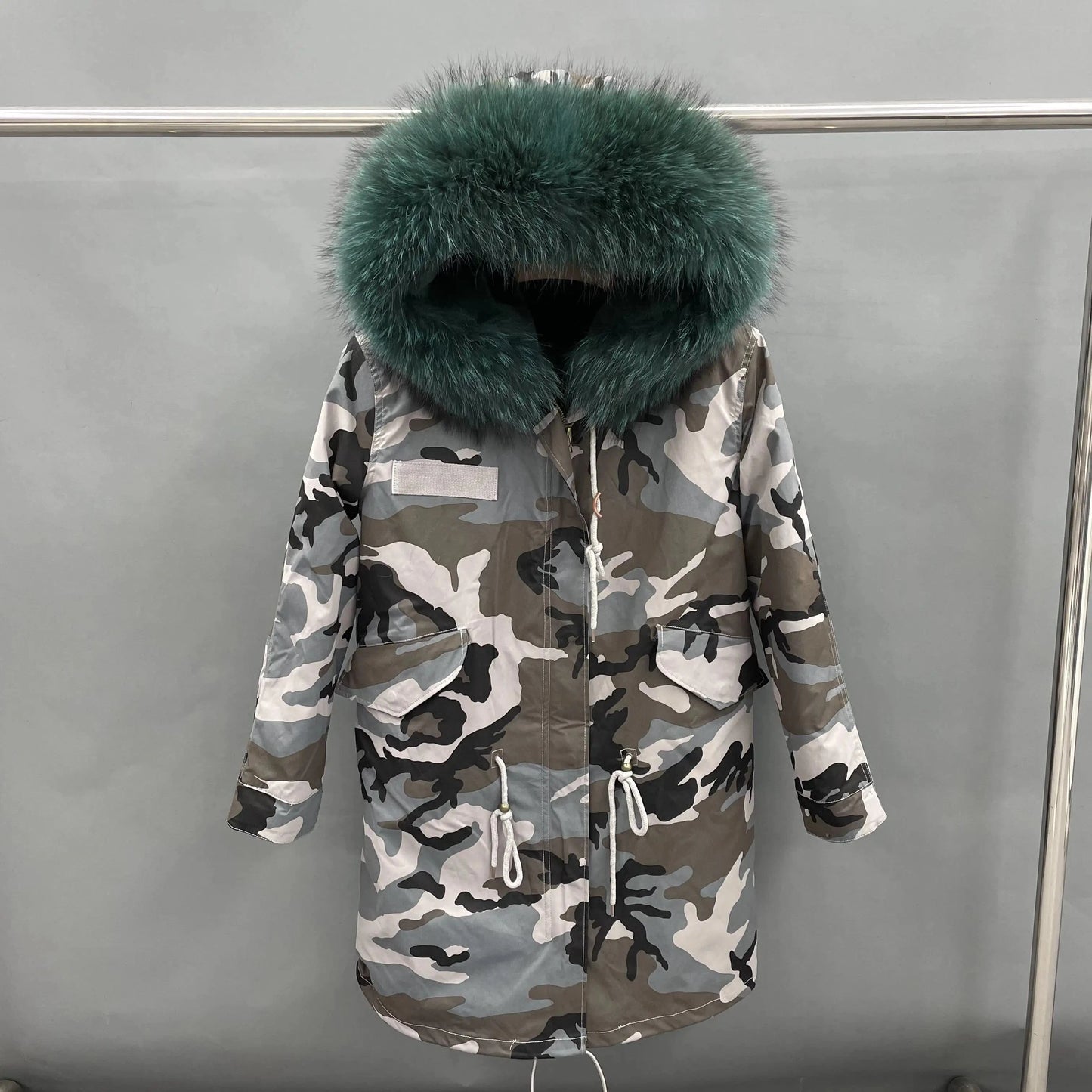 S / Long gray camouflage+ dark green fur Wholesale Lady Hoodies Warm Plus Size Winter Fur Parka