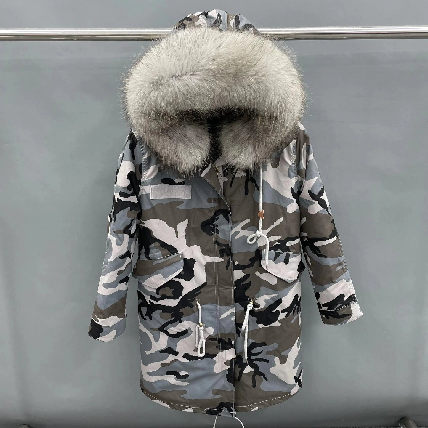 S / Long gray camouflage +gray fur Wholesale Lady Hoodies Warm Plus Size Winter Fur Parka