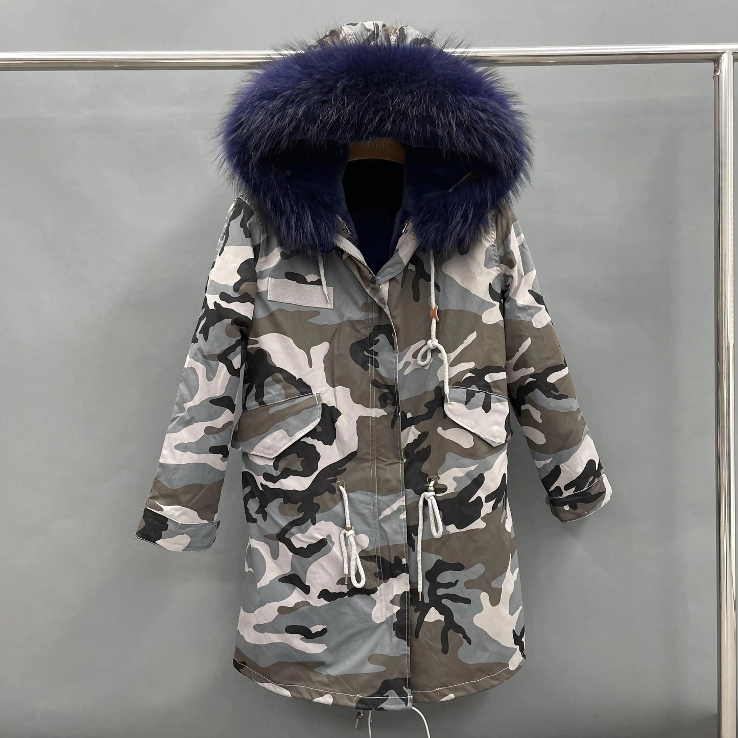 S / Long gray camouflage+ navy fur Wholesale Lady Hoodies Warm Plus Size Winter Fur Parka