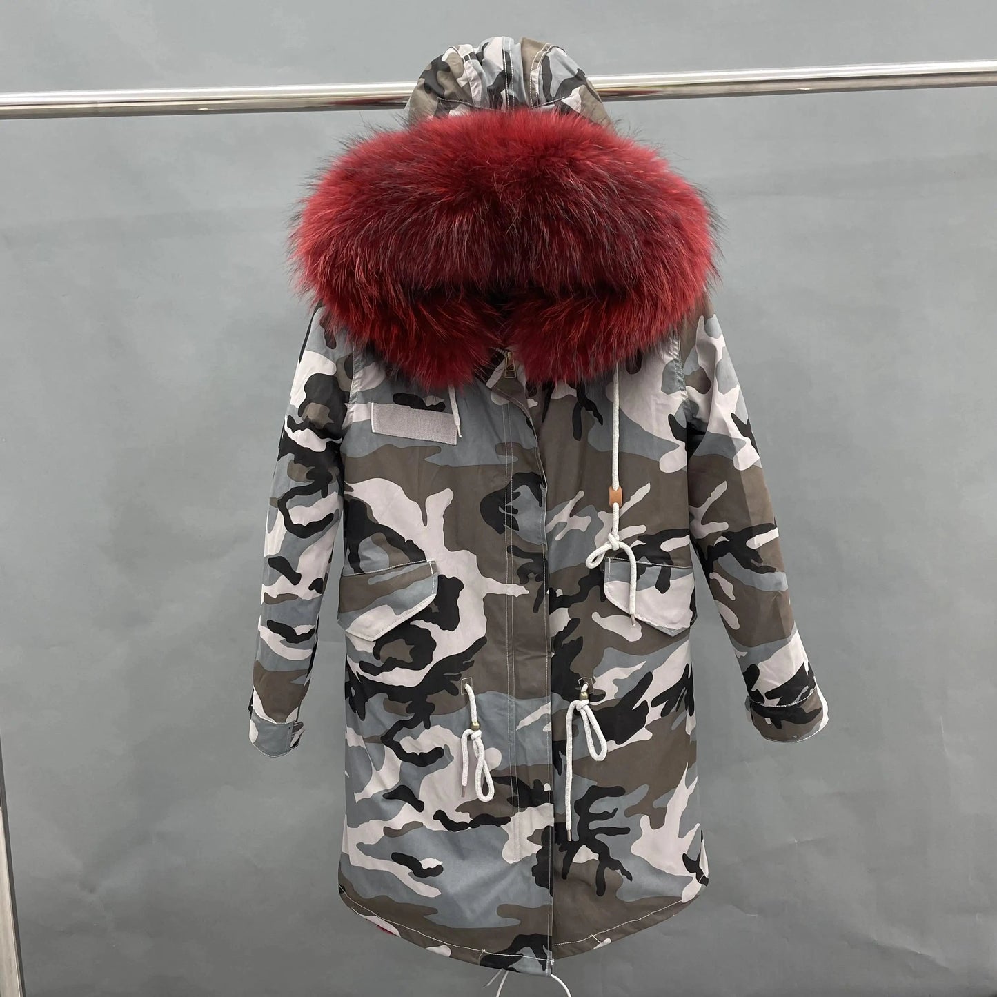 S / Long gray camouflage +wine red fur Wholesale Lady Hoodies Warm Plus Size Winter Fur Parka