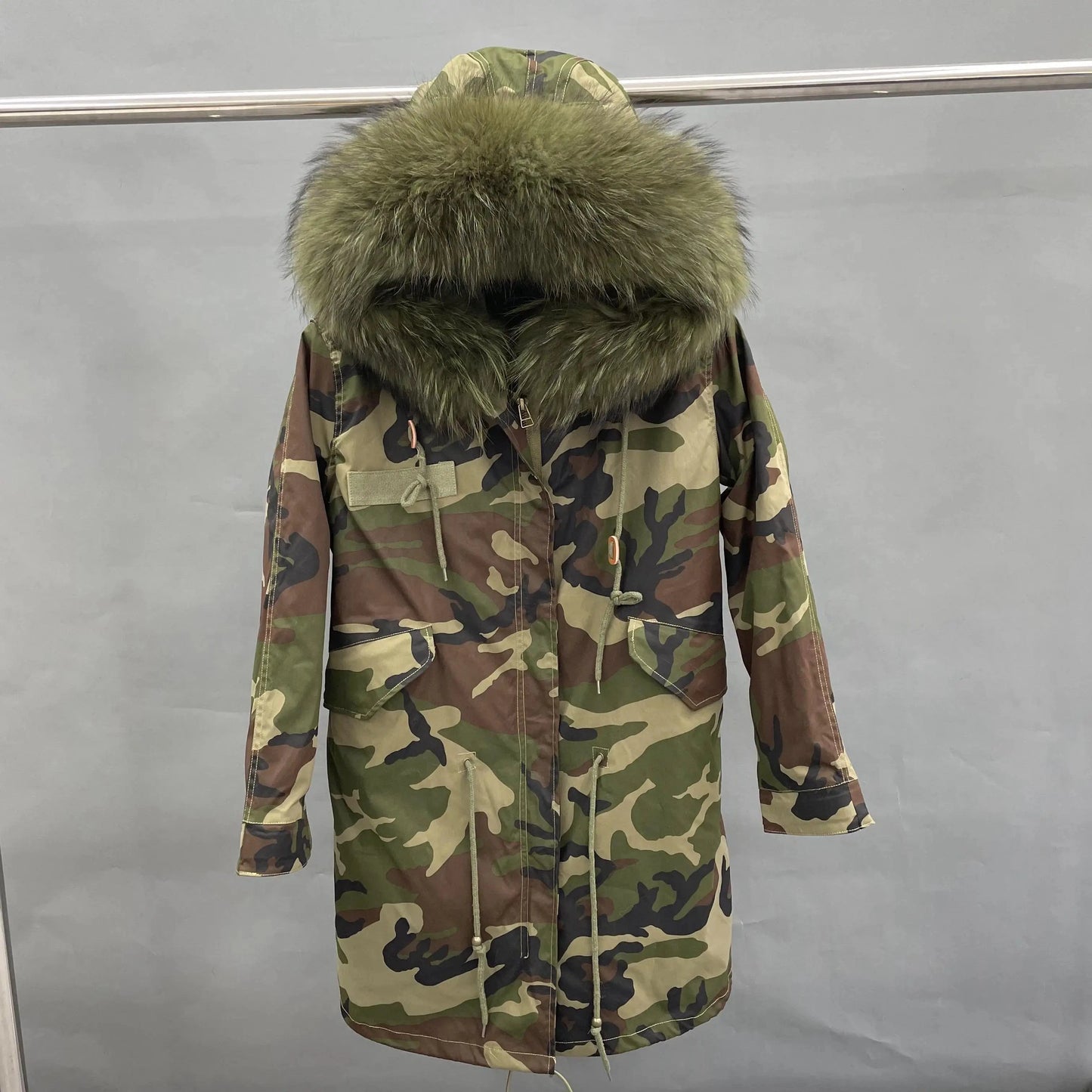 S / Long green camouflage+ army green fur Wholesale Lady Hoodies Warm Plus Size Winter Fur Parka