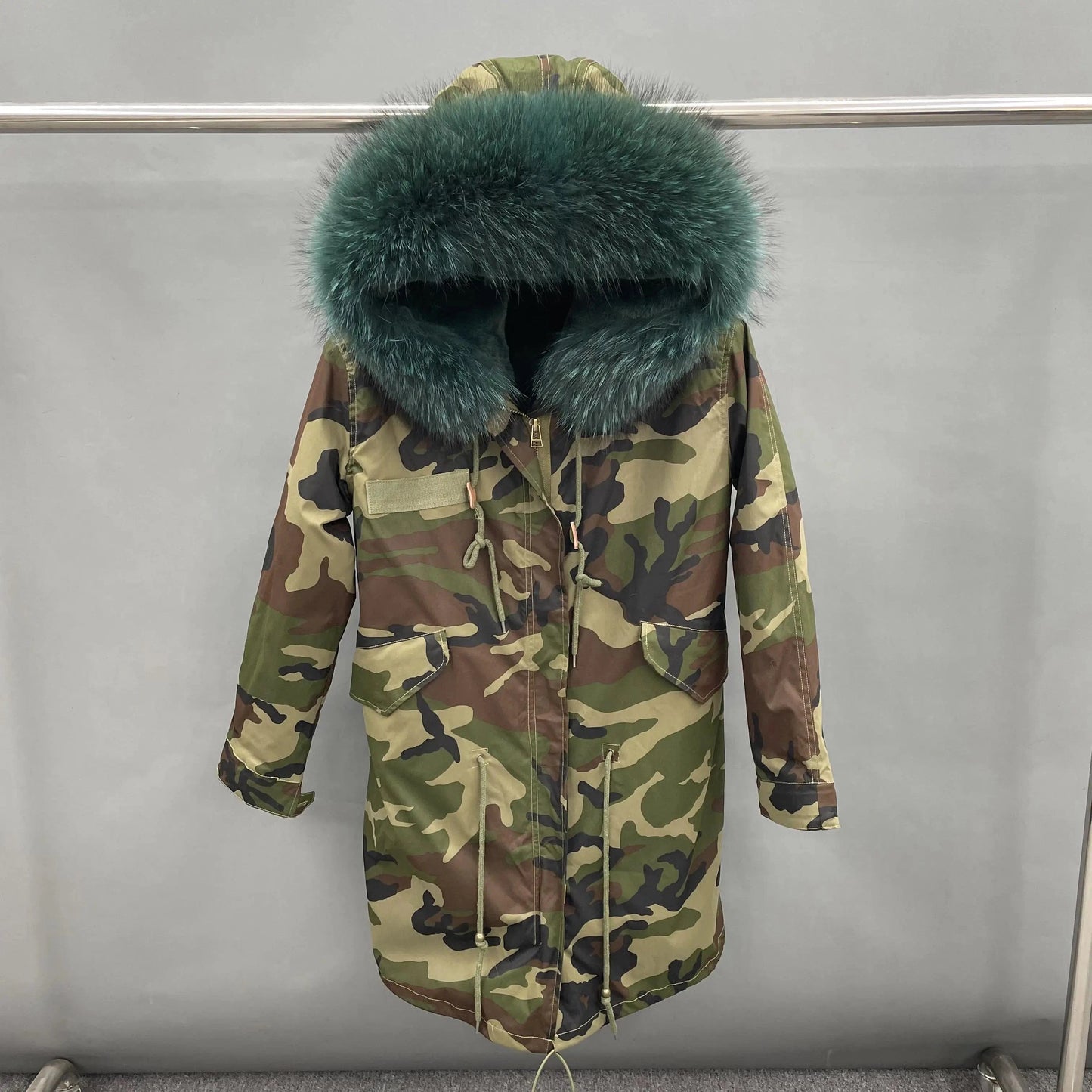 S / Long green camouflage+ dark green fur Wholesale Lady Hoodies Warm Plus Size Winter Fur Parka