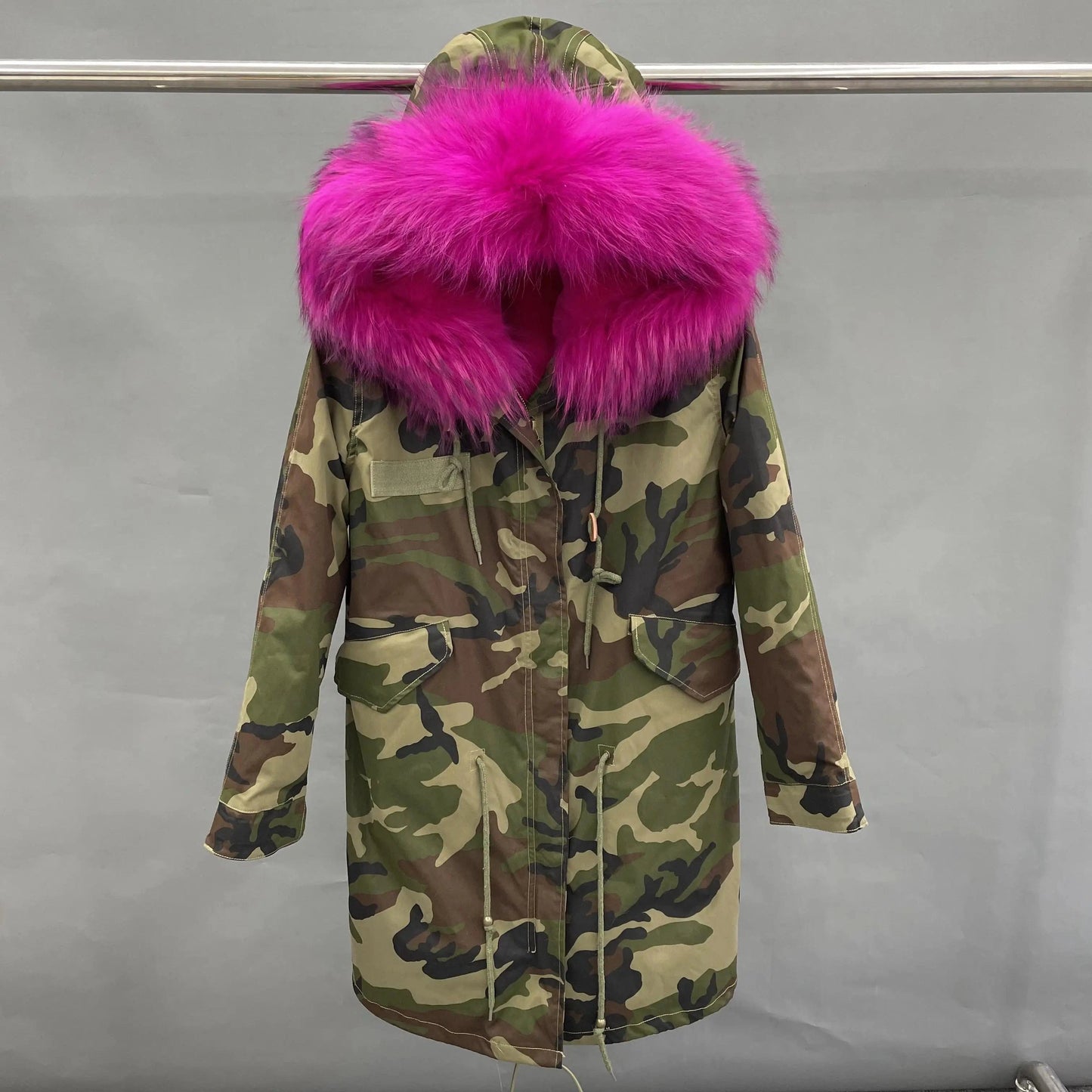 S / Long green camouflage+ hot pink fur Wholesale Lady Hoodies Warm Plus Size Winter Fur Parka