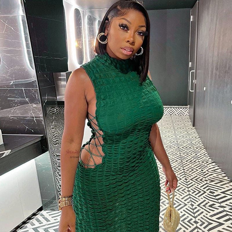 S / long-green Fashion Round Neck Sleeveless Sexy Short Skirt Side Tie Hollow Long Dress women Slim Hips Bodycon Dress