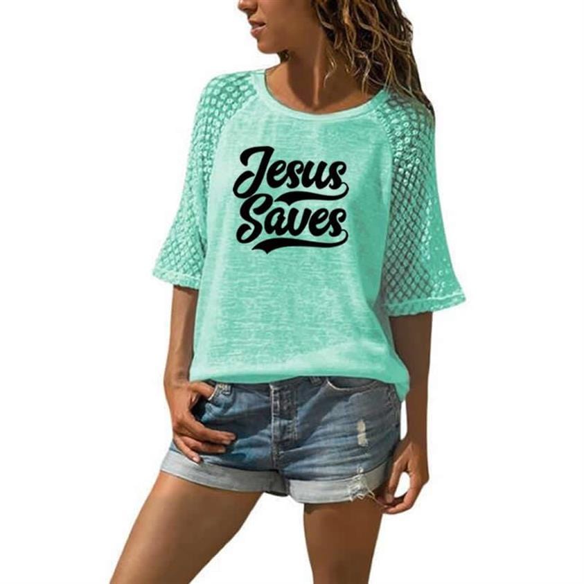 S / MINT 2022 Women New Lace Neck T-shirt Jesus Saves Letters Print T-shirt Leisure 3/4 Sleeve Plus Size Harajuku Summer T-shirt
