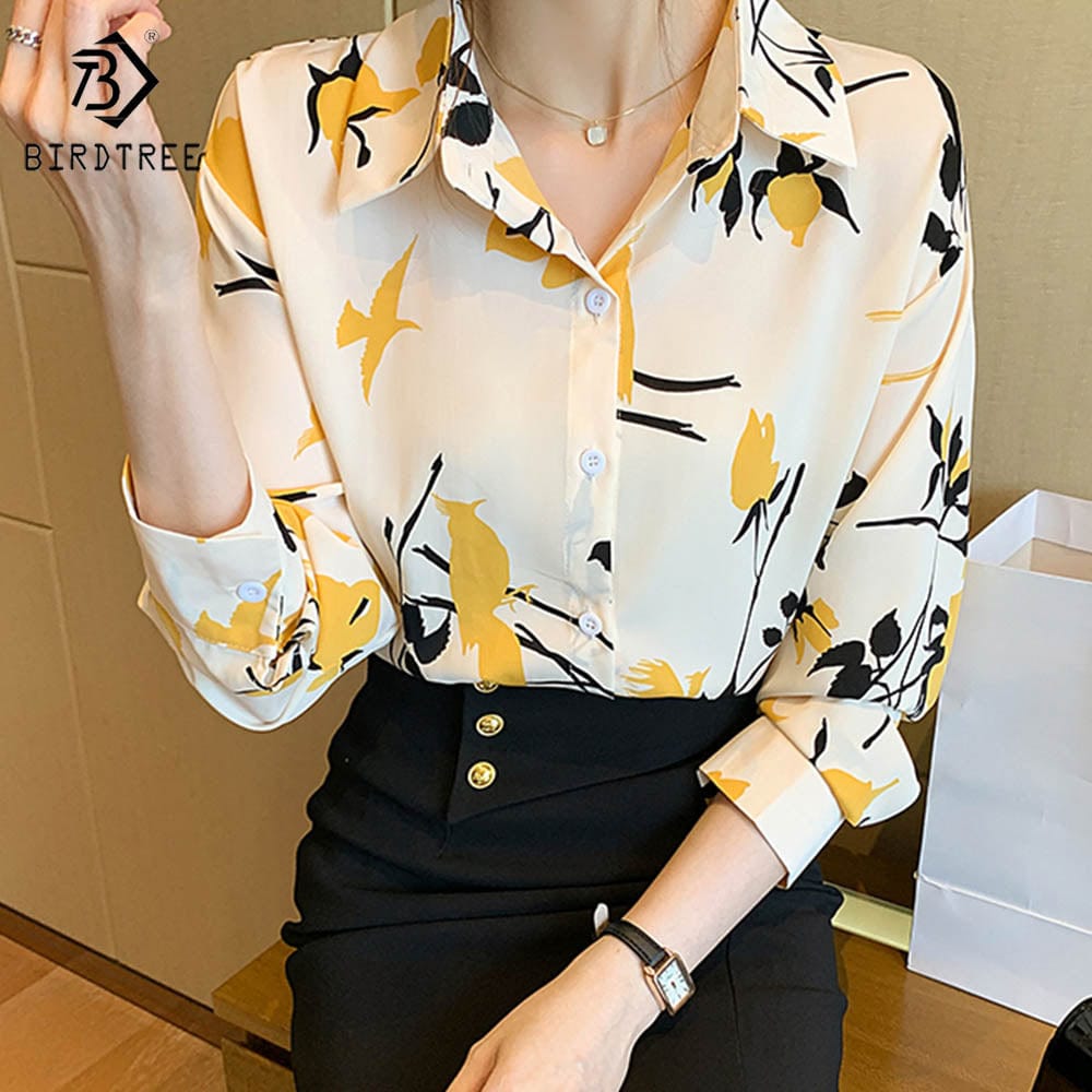 S / MINT Ready to Ship Chic Woman Long Sleeve Printing Shirts Elegant Casual Blouses Workwear Chiffon Shirt Tops For Spring Autumn