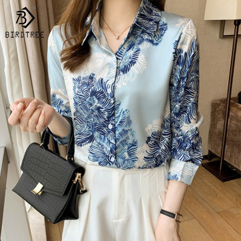 S / MINT Real Shot Ready to Ship Woman Long Sleeve Shirts Elegant Abstrict Printing Blouses Office Chiffon Shirt Tops For Spring Autumn