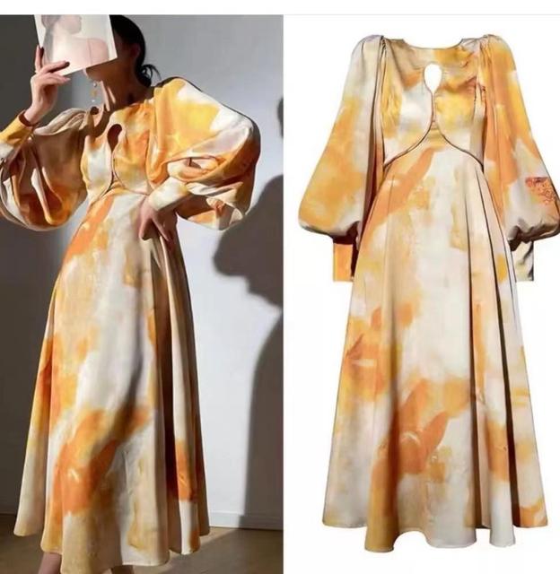 S / MULTI Getspring Women Dress 2022 Vintage Round Neck Lantern Sleeve Hollow Out High Waist Large Hem Long Printed Golden Party Dress