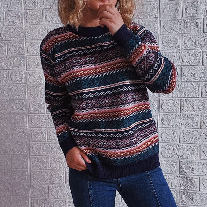 S / Navy blue 2022 Autumn And Winter New Ethnic Style Vintage Stripe Knitted Round Neck Long Sleeve Pullover Sweater For Women