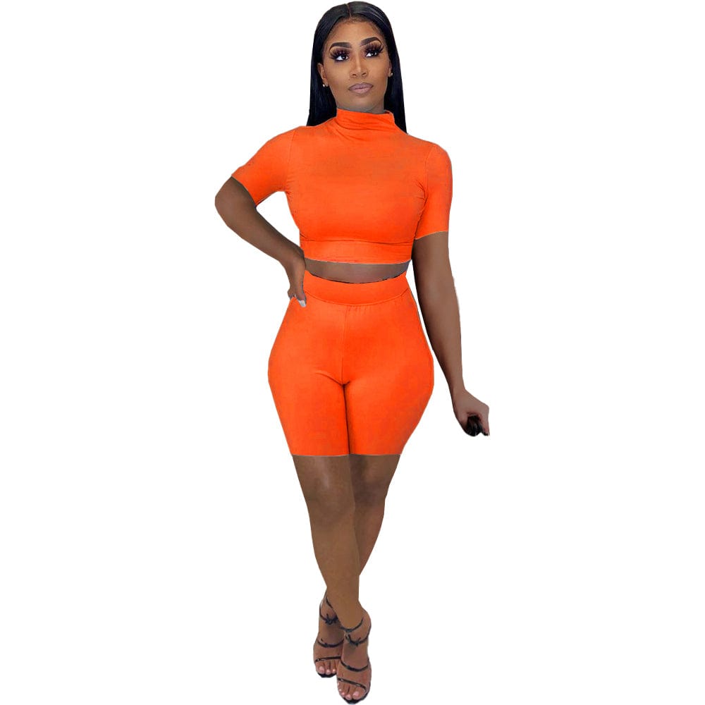 S / Orange 2 Piece Short Set Women s Blank Wholesale Summer Outfits Gym Fitness Two Piece Workout Shorts Sets with Short Sleeves