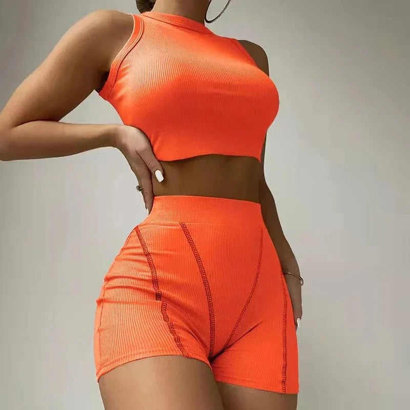 S / Orange 2022 INS Hot Ribbed Stretchy Fabric Crew Neck Crop Top and Shorts Pants Outfit Women Casual Two Piece Set
