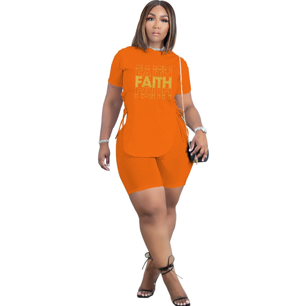 S / Orange 2022 Summer Fashion Short Sleeve Irregular Tops Letter Print Bandage Women Shorts Two Piece Set