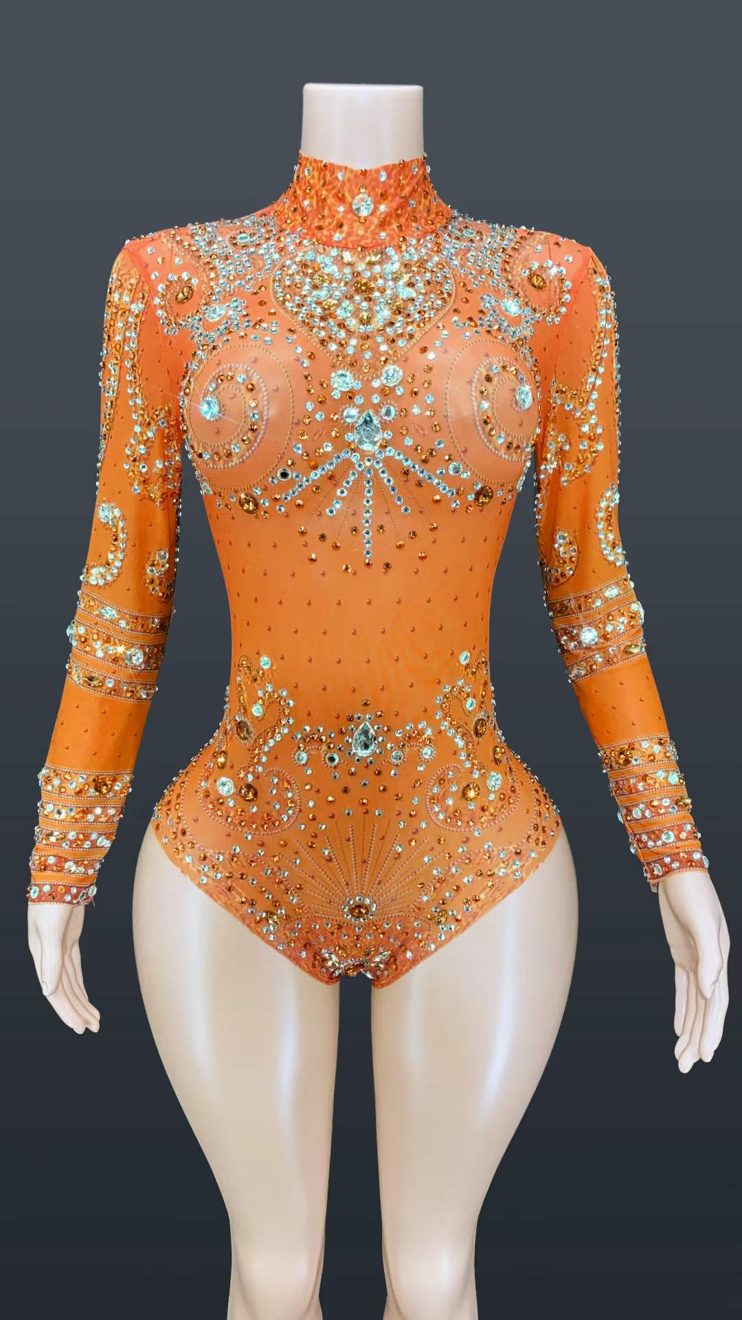 S / Orange AD1157 Women'S Sexy Crystal Mesh Bodysuit Jumpsuit Stage Costume Nightclub Performance Female Party Wears