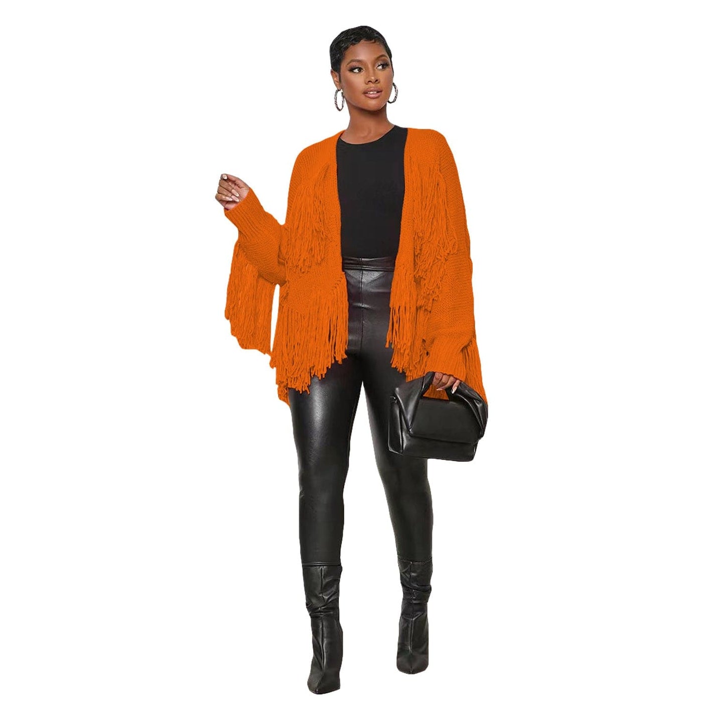S / Orange C1103TA82 New Design Autumn Casual Solid Color Tassel Cardigans For Women Sehe Fashion