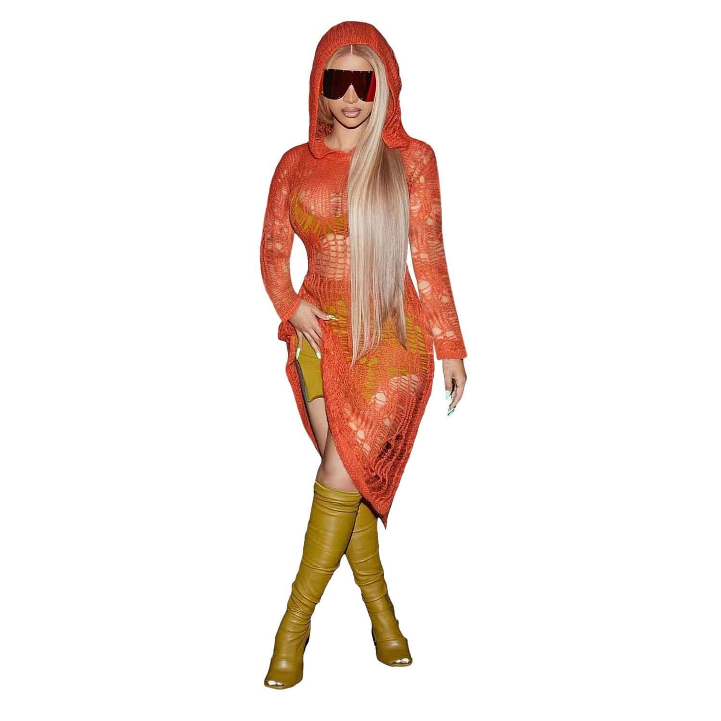 S / Orange C1103TA95 Latest Sexy Hollow Out Hooded Solid Color Beach Dress Women Sehe Fashion