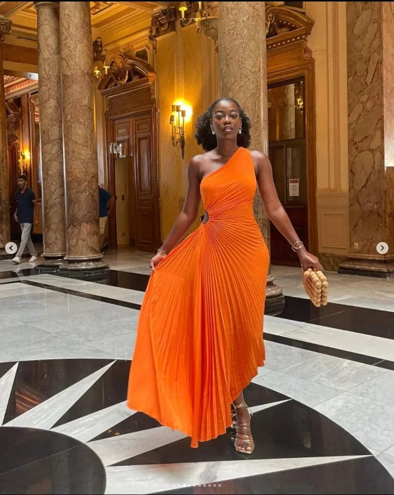 S / Orange Hot selling ladies elegant party long maxi sexy dress sleeveless one single shoulder pleated women's dresses