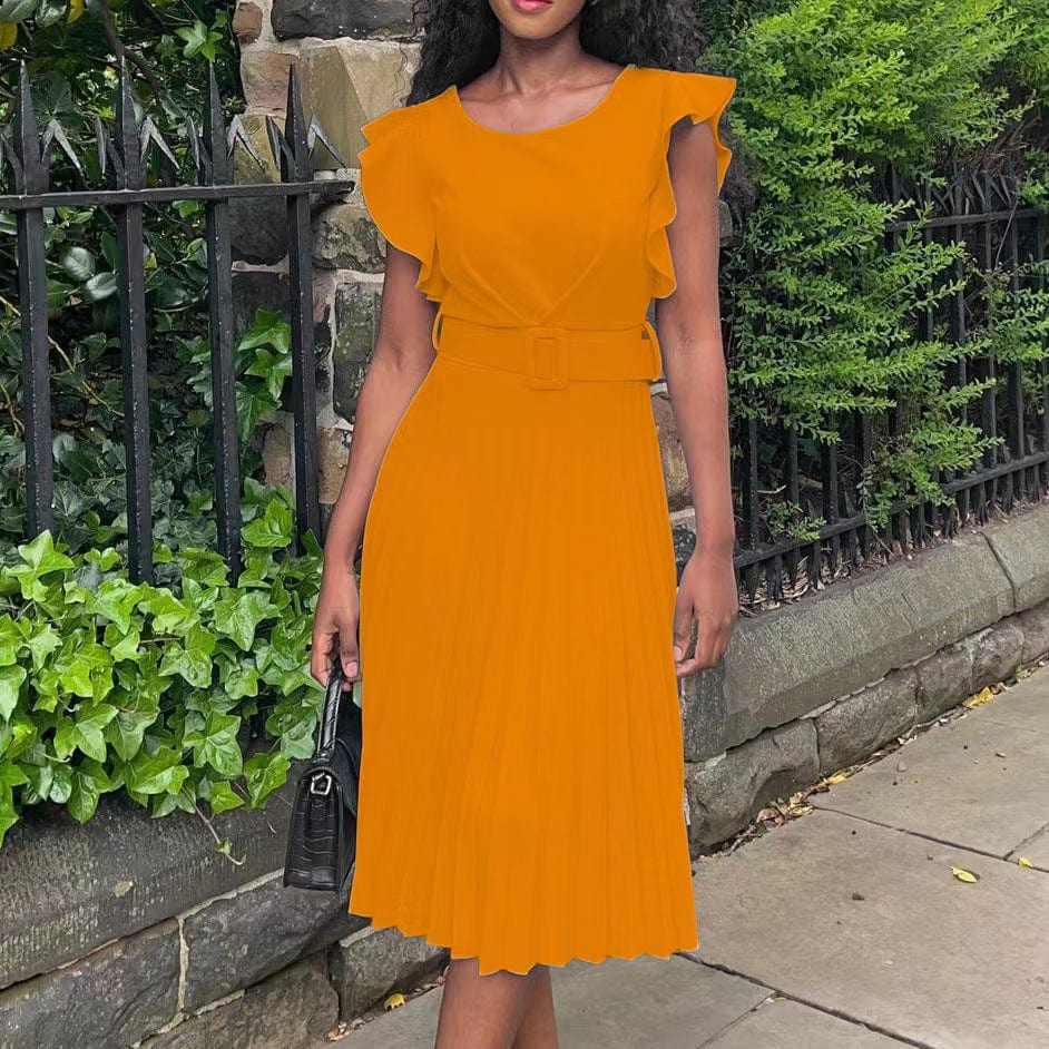S / Orange J&H new arrivals 2023 solid color pleat casual dress women elegance ruffled plain dress with belt fashionable plus size dress