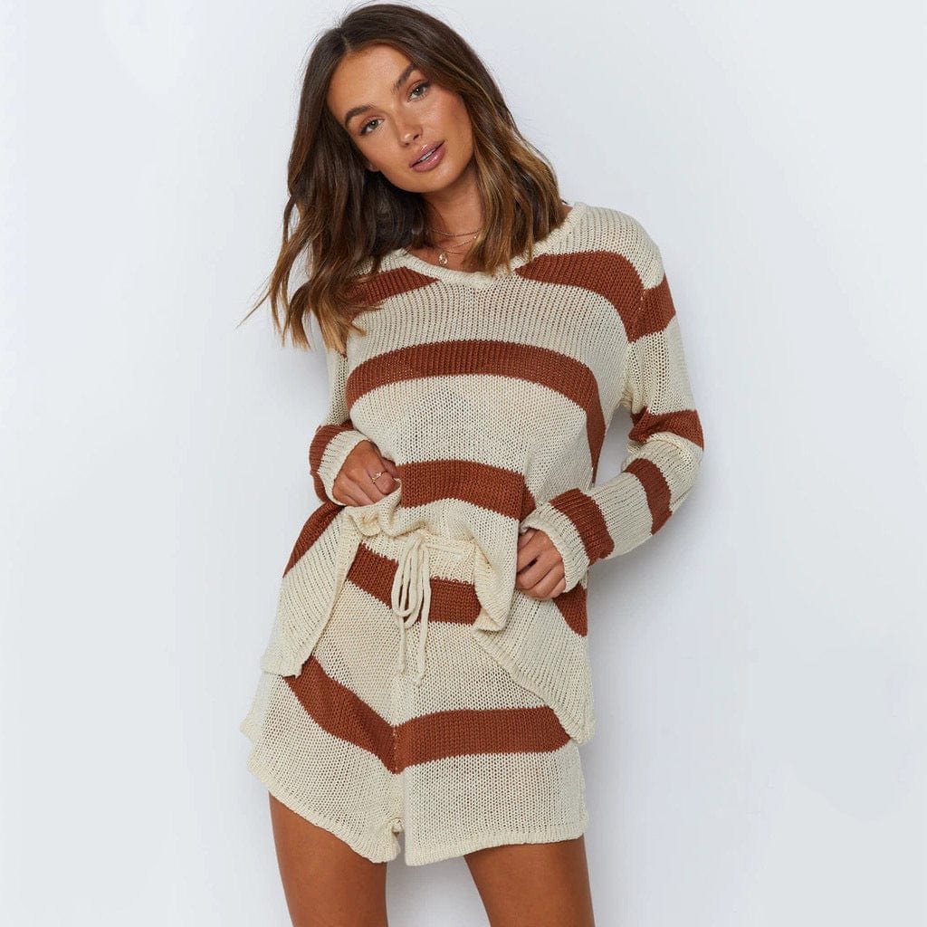 S / Orange stripe 2022 New Arrival European And American Women's Clothing Street Sports Striped Sweater Shorts Suit Two-Piece Set