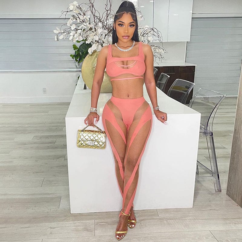 S / Pink 2022 Bandage Mesh Cut Out Crop Top Mesh Patchwork Two Pieces Set Party Club Stretchy Outfit women sweatsuit set tracksuit