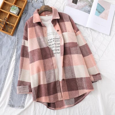 S / Pink 2022 Fall Winter Thick Woolen Long Sleeved Shirt Women Loose Casual Loose Single Breasted Top Plaid Brushed Jacket Shirt T18612Y
