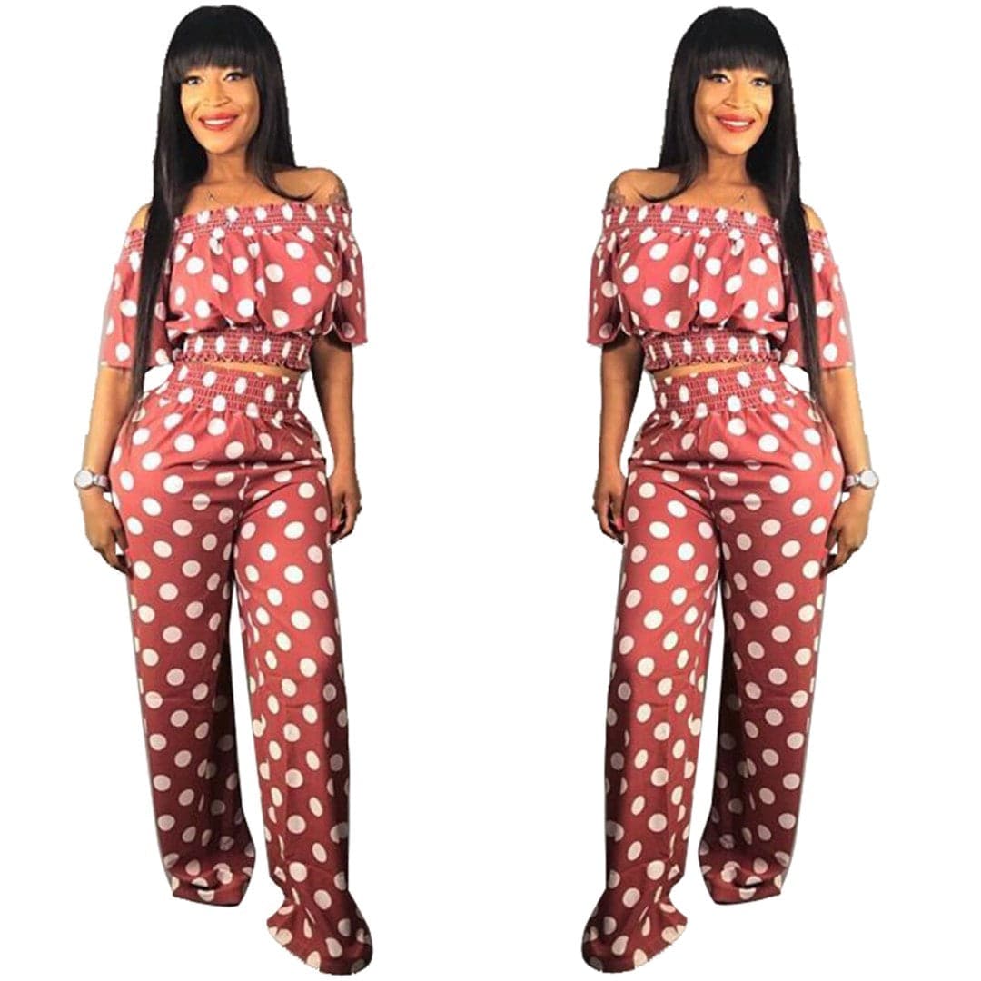 S / Pink 2022 New arrival polka dot slash sexy top fashion high quality flare pants ladies two piece set women clothing