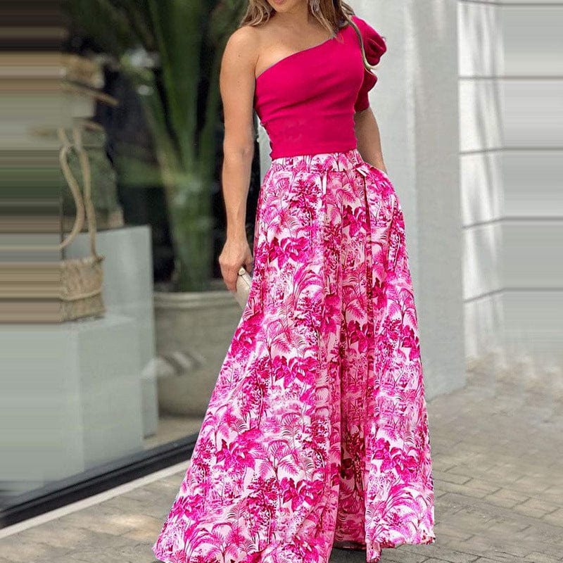 S / Pink 2022 New Fashion Women Floral Printing One Shoulder Tank Top and Maxi Skirt 2 Piece Set Dress Suit