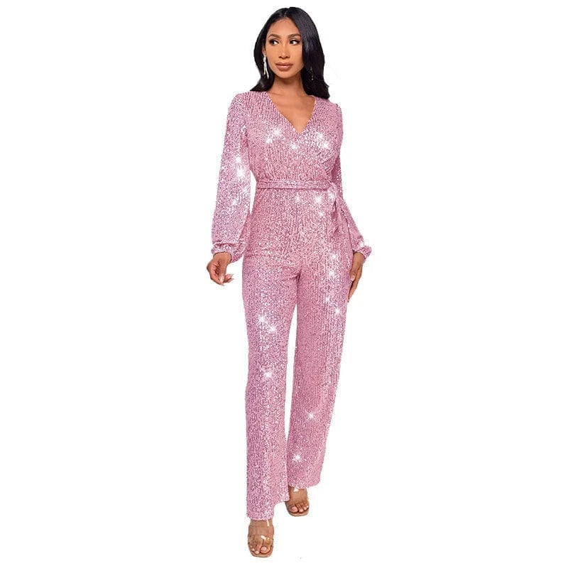 S / Pink 2024 new plus size women ladies sparkly red gold sequin long sleeve full romper jumpsuit women party club clothing with bandage