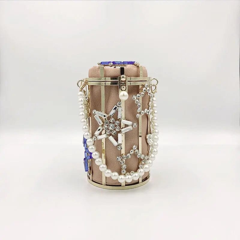S / Pink Crystal Rhinestones Star Evening Clutch Bag Luxury Round Pearl Hollow Out Purse Mini Bucket Cage Handbags Diamond Dinner Purse