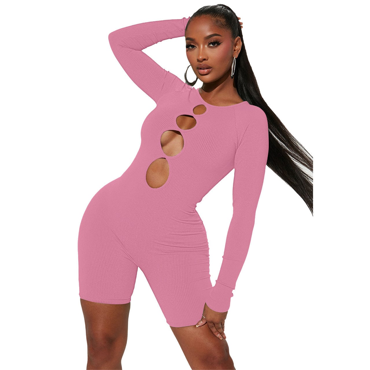 S / Pink Hollow out Short One Piece Jumpsuit Women Autumn Ribbed Bodysuit Rompers for Sexy Ladies Womens Playsuit &Jumpsuit