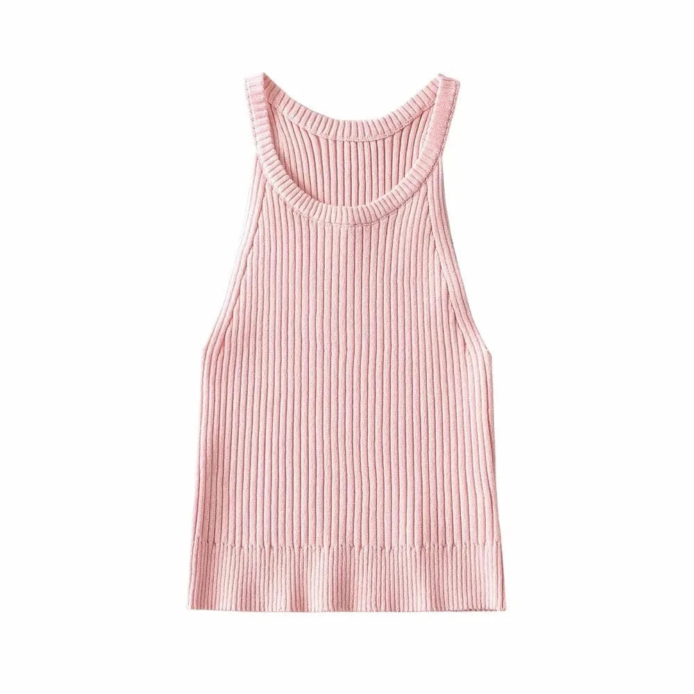 S / Pink INS Fashion Cold Shoulder Candy Colors Knitted Basic Halter Tank Top