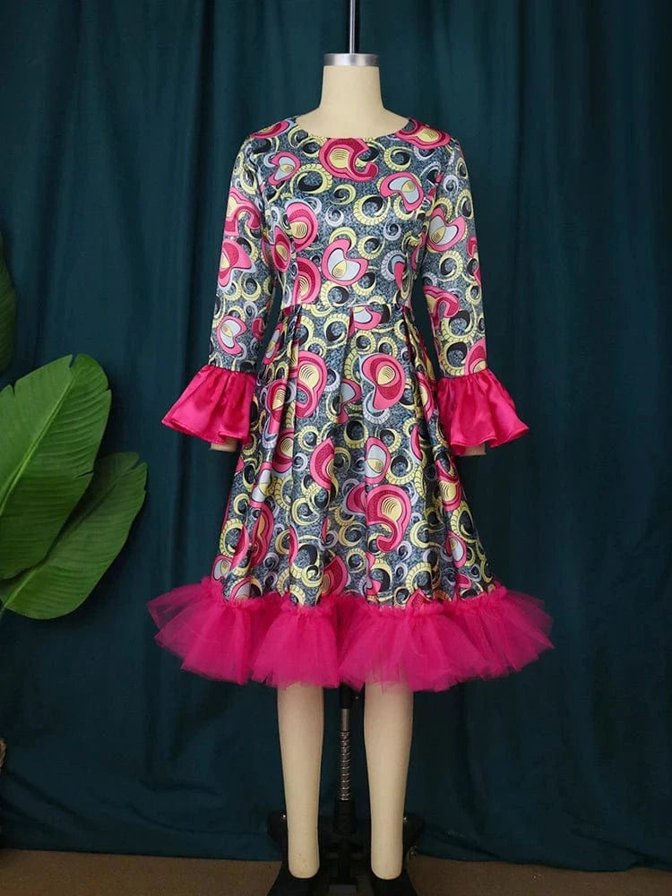 S / Pink Mesh A Line Printed AOMEI Green Christmas Plus Size Women Party Dress