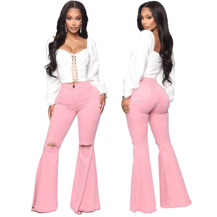 S / Pink Plus Size Jeans Woman High Waist 2023 New Denim Trousers Water Wash Versatile Women's Denim Flare Pants Lady Bell Bottom Jeans