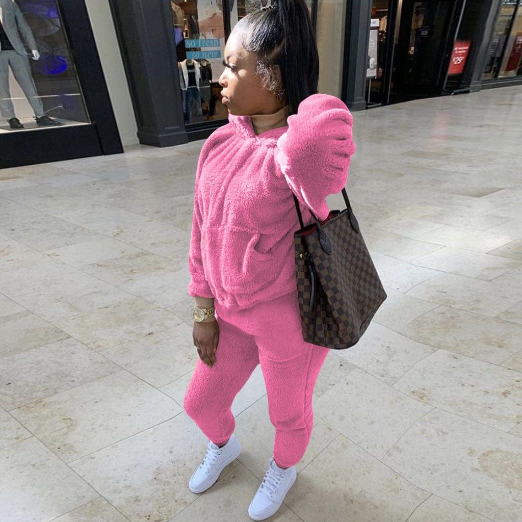 S / Pink Women 2pc Set Winter Two Piece Pants Set Solid Color Plush Lounge Wear Hoodie Two-Piece Trouser Suit Women Winter Set