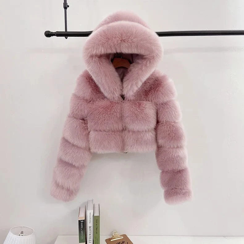 S / Pink Women Fur Coat Hooded Crop Solid Thick zipper Fashion Women Short Length Regular From S-XXXXXXXXL 8XL Plus Size Woman Jacket