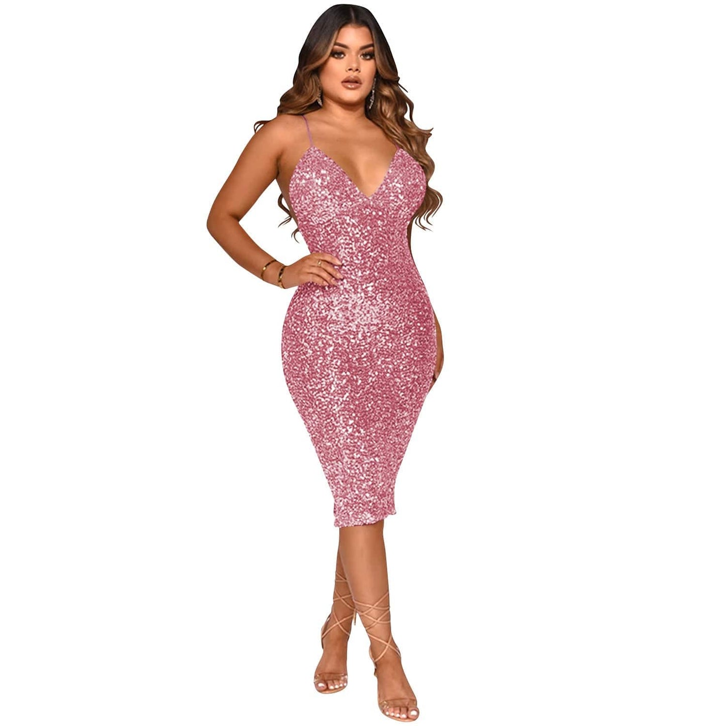 S / Pink Womens Dresses 2022 Elegant Backless Sexy Sequined Sling Club Midi Dress Lady Low Cut Bodycon Shinny Solid Color Dresses