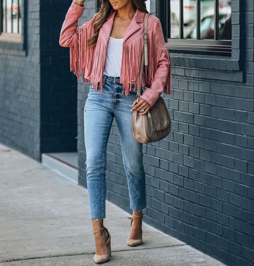 S / Pink Womens Vintage Lapel Long Sleeve Fringe Cropped Hippie Motor Biker Cardigan Outwears Faux Suede Tassel Jacket