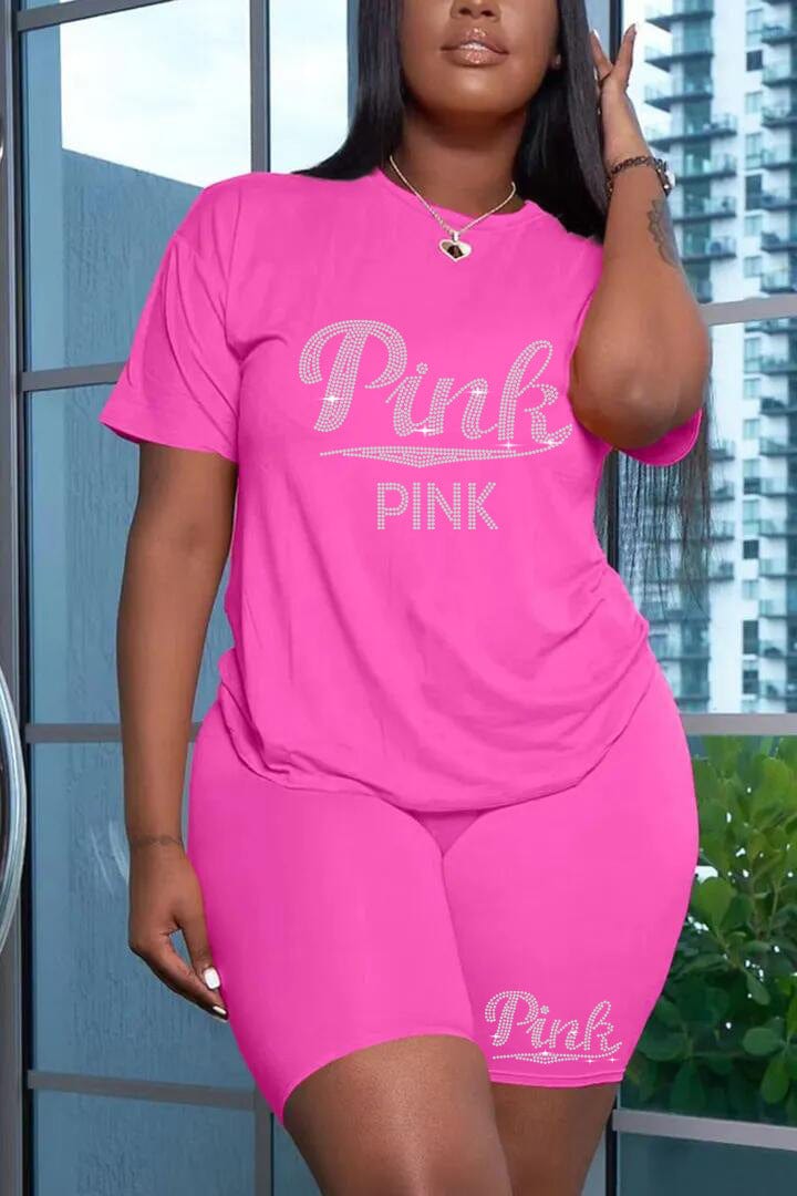 S / Pink Z106463 Summer women's Plus Size two piece Casual crystal decoration t-shirts shorts two piece set