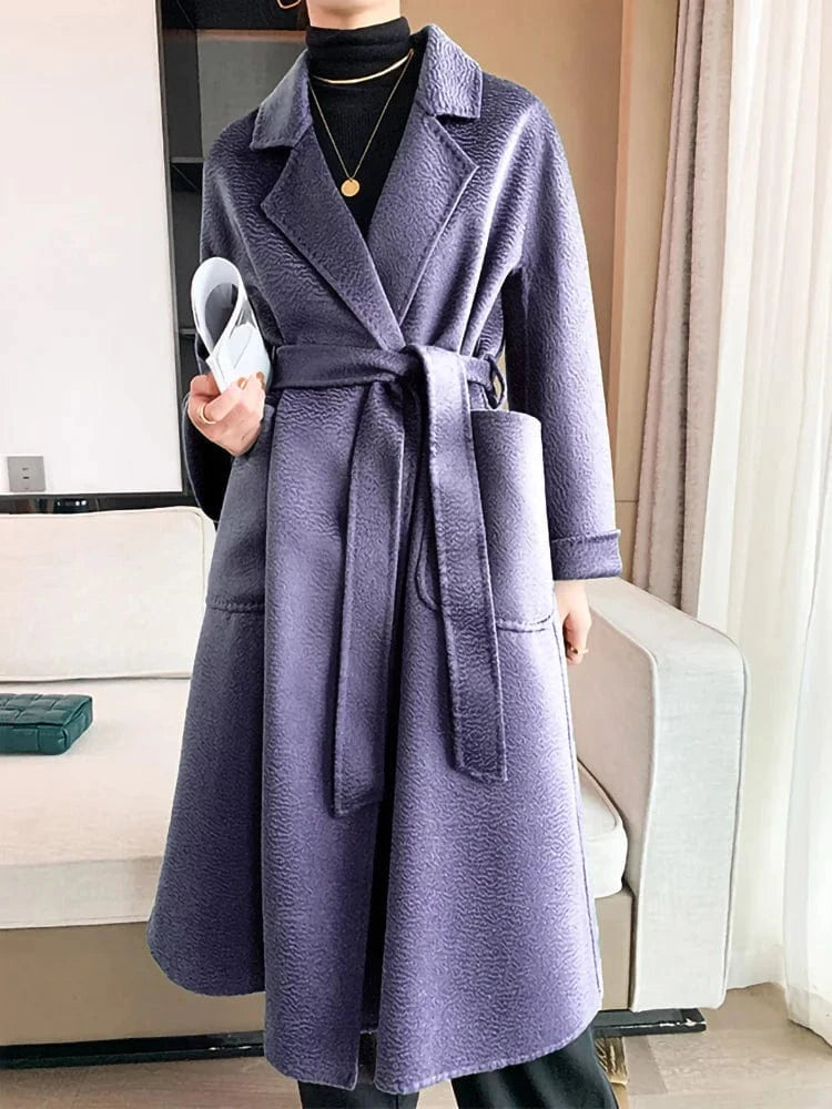 S / Purple 2022 Fashion Wool Coats For Ladies Belted Casual Outerwear Cashmere Coat Long